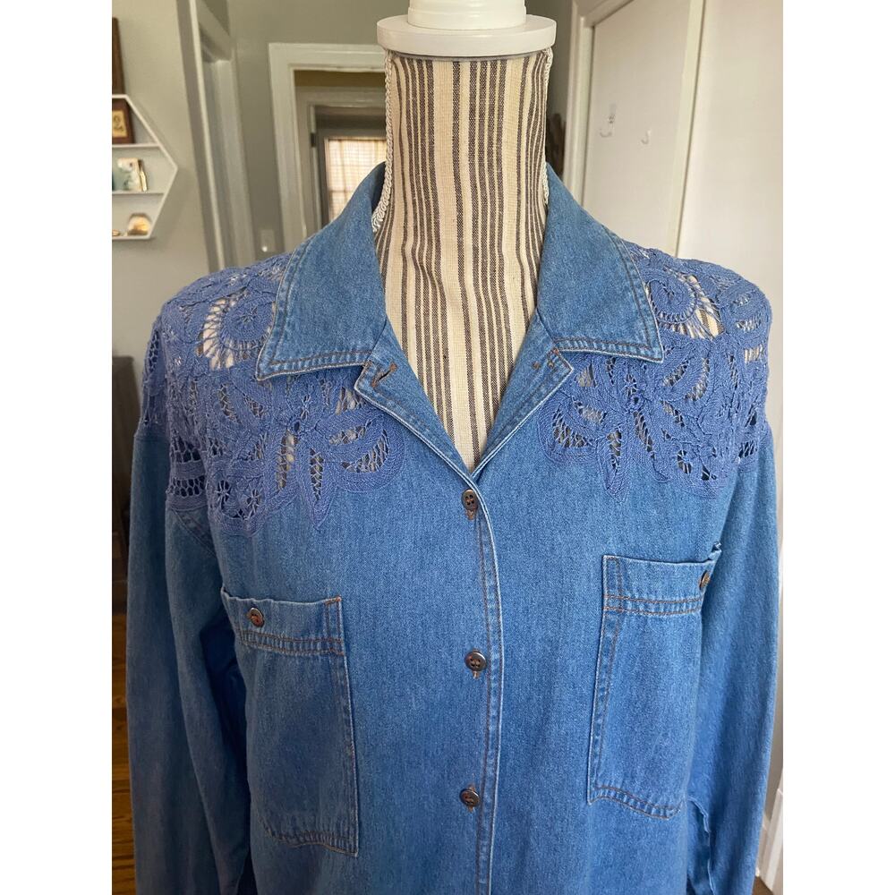 Together denim button down shirt with tonal lace detail